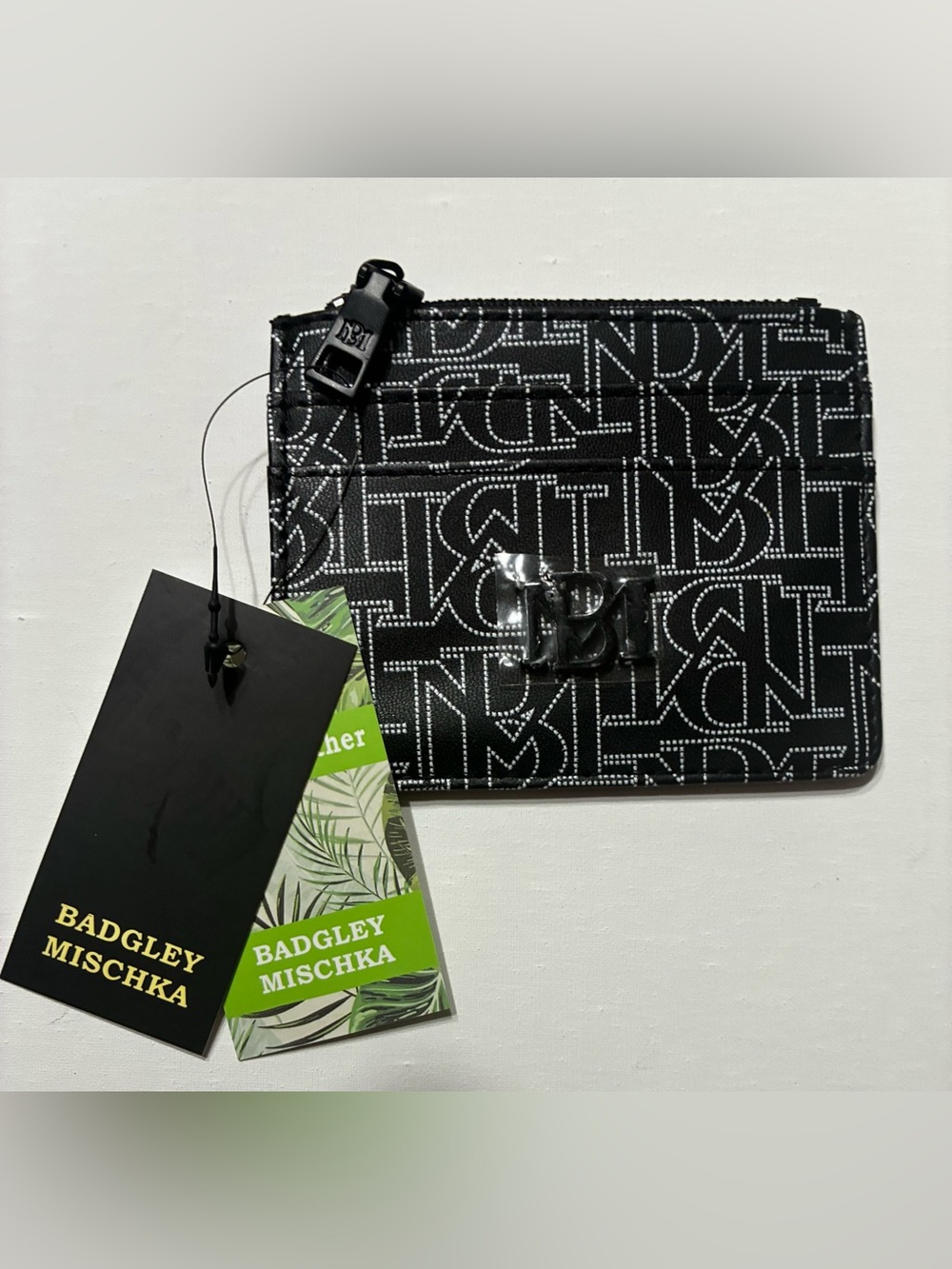 NWT Badgley Mischka black-and-white monogram mini credit card holder